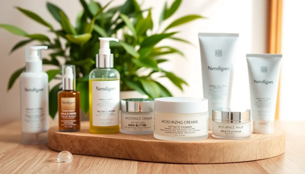 hudkräm för torr hud – arrangemang som visar återfuktande krämer med frodig grönska och mjukt ljus