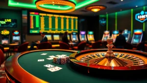 Experience the excitement of 333bet with players enjoying a luxurious casino ambiance filled with vibrant games.