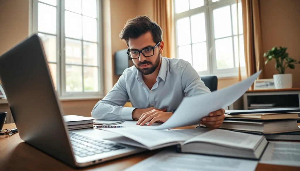 Traducteur(trice) concentré(e) travaillant sur une traduction assermentée à un bureau professionnel rempli de documents et de matériel technologique.