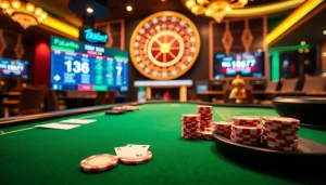 High-stakes poker gameplay at 136bet with vibrant casino atmosphere and engaging digital screens.