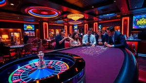 Exciting casino scene featuring '888b' with poker chips and roulette wheel, showcasing gamblers.