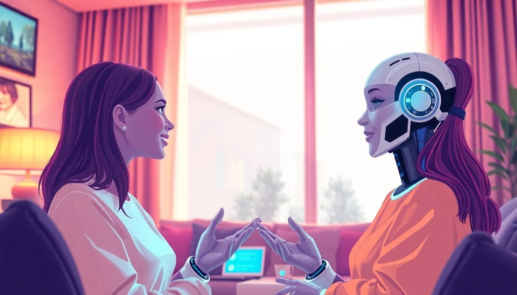 Engaging in sexy AI chat with a friendly virtual companion in a cozy setting.