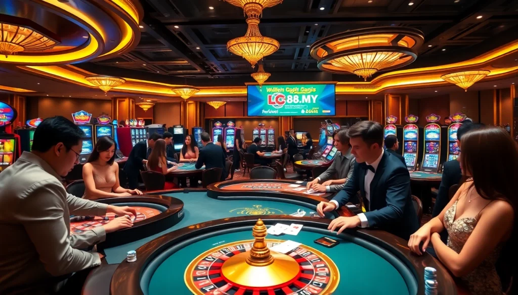Players engaging in high-stakes games at lc88.my casino with vibrant ambiance and luxurious details.