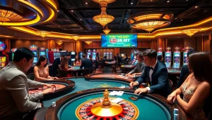 Players engaging in high-stakes games at lc88.my casino with vibrant ambiance and luxurious details.