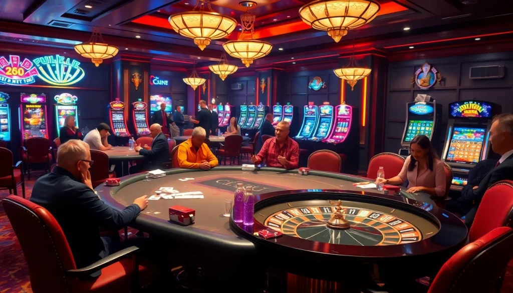 Engaged players at the luxurious nhà cái nk88 casino, enjoying poker and slot games.