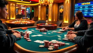 Exciting poker action at NEW88's luxury casino, complete with vibrant chips and focused players.