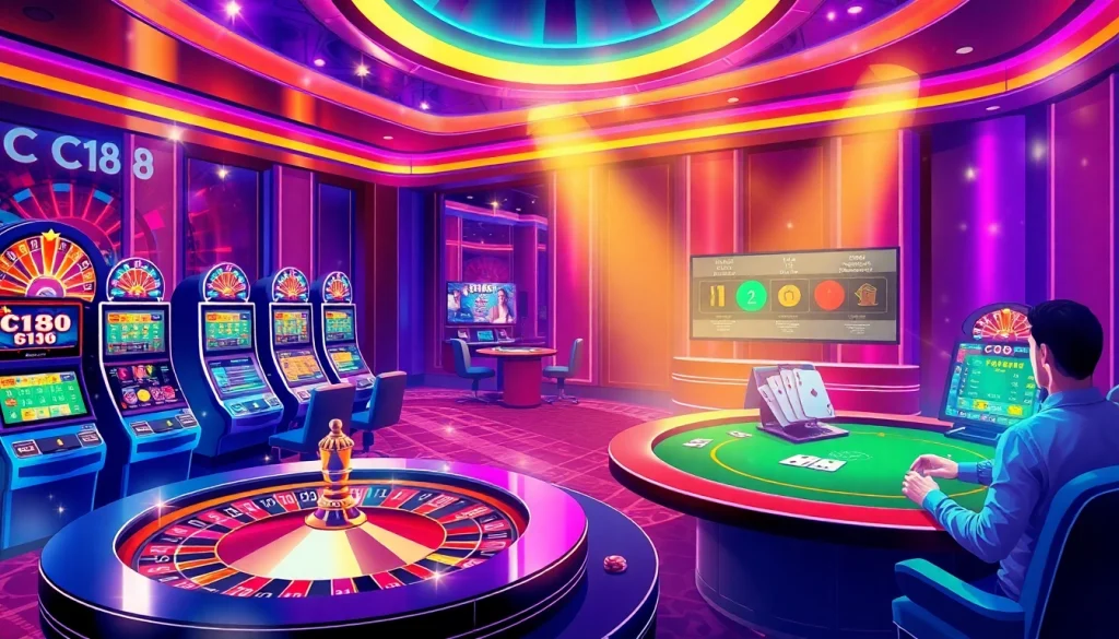 C168 players enjoy high-stakes gaming at a luxurious online casino environment filled with vibrant lights.