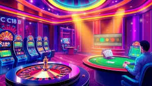 C168 players enjoy high-stakes gaming at a luxurious online casino environment filled with vibrant lights.