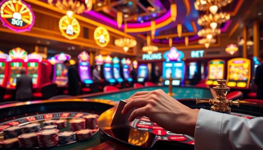A dynamic casino table scene showcasing 733bet with poker chips and cards, highlighting exciting gambling action.