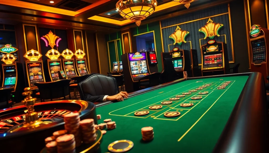 Experience thrilling gameplay at Ga888 with a vibrant casino scene featuring luxurious poker chips and roulette wheel.