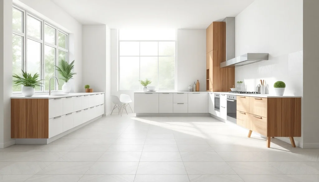 Sol en carrelage élégant dans une cuisine moderne, éclairée par la lumière naturelle.