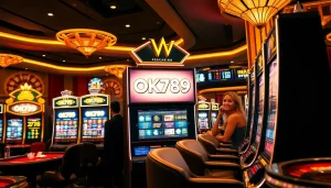 Players enjoy thrilling gameplay on the OK789 slot machine in a vibrant casino setting.