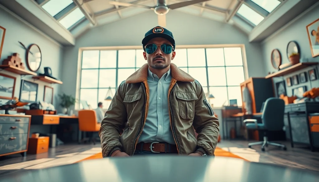 FLY88 aviation-inspired apparel collection showcasing stylish jackets and caps in a modern aviator studio.