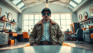FLY88 aviation-inspired apparel collection showcasing stylish jackets and caps in a modern aviator studio.