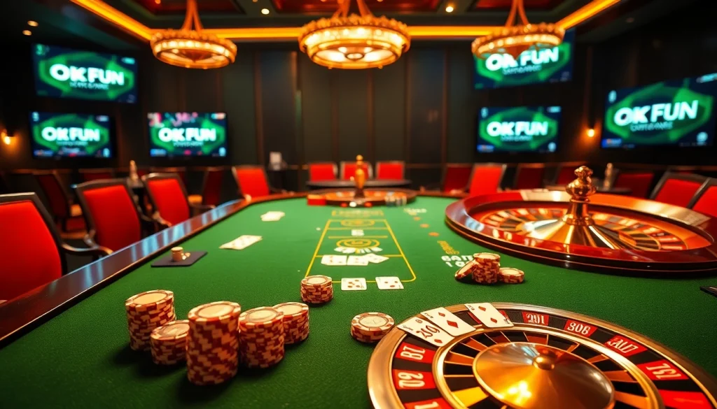 Experience the thrill of online gambling at OKFUN with vibrant poker tables and immersive game visuals.