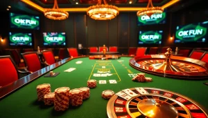 Experience the thrill of online gambling at OKFUN with vibrant poker tables and immersive game visuals.
