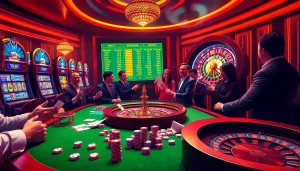 S8: Players engaged in high-stakes poker at a vibrant casino table with dynamic lighting and colorful elements.