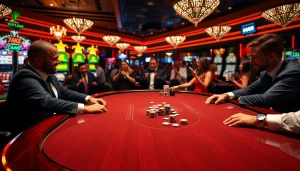 Excited players engage in a thrilling poker game at 789club's luxurious casino.