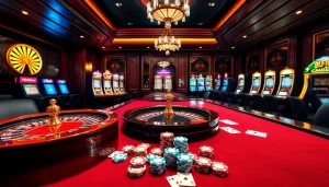 Experience the thrill of ABC8's upscale casino with stylish tables, engaging slot machines, and vibrant chips.