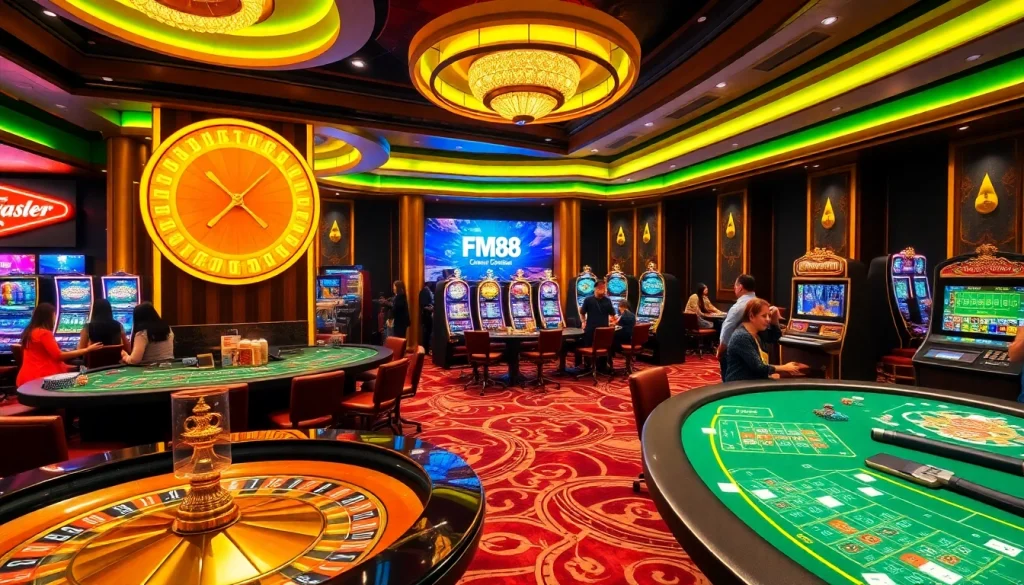 Experience high-stakes gambling at FM88 with vibrant games, roulette wheels, and excited players.
