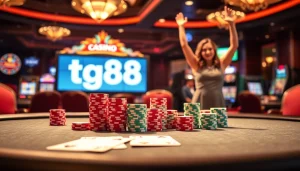 Exciting tg88 casino scene with luxurious poker table and celebrating player.