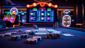 Experience the thrill of online gambling at https://99ok.co.im/ with an exciting casino scene featuring poker chips and dice.