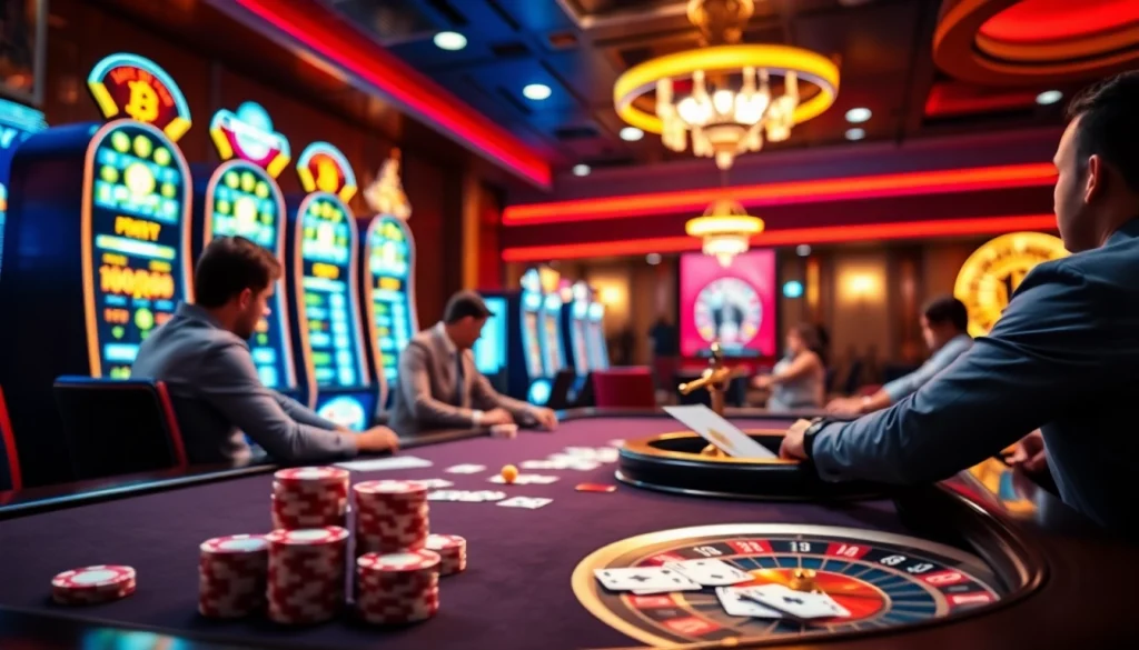 Engaged players enjoying games at Bitcoin casinos in a luxurious digital casino setting.