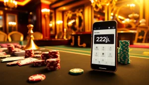The 22jl app showcased in a luxurious casino setting with poker chips and cards, highlighting the excitement of online gambling.