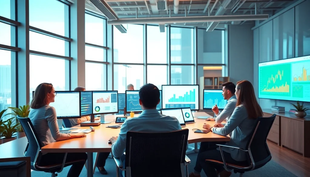 Explore a modern office scene showcasing professionals collaborating on digital analytics at https://gg88.work/.