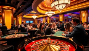 Players enjoying high-stakes games at OKVIP's luxury casino, featuring roulette and poker tables.