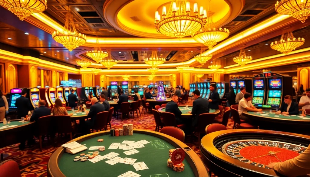 Exciting casino scene featuring poker tables, vibrant decor, and 789f ink-themed elements