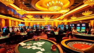 Exciting casino scene featuring poker tables, vibrant decor, and 789f ink-themed elements