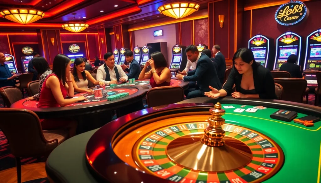 Players celebrating wins at LC88 Casino with vibrant casino tables and slot machines.