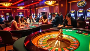 Players celebrating wins at LC88 Casino with vibrant casino tables and slot machines.