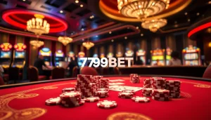 Experience thrilling gaming at 789BET with vibrant casino tables, cards, and chips.