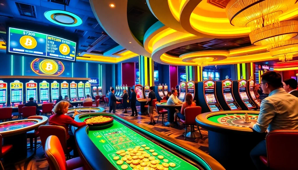 Players enjoying thrilling games at Bitcoin casinos with vibrant lighting and elegant decor.