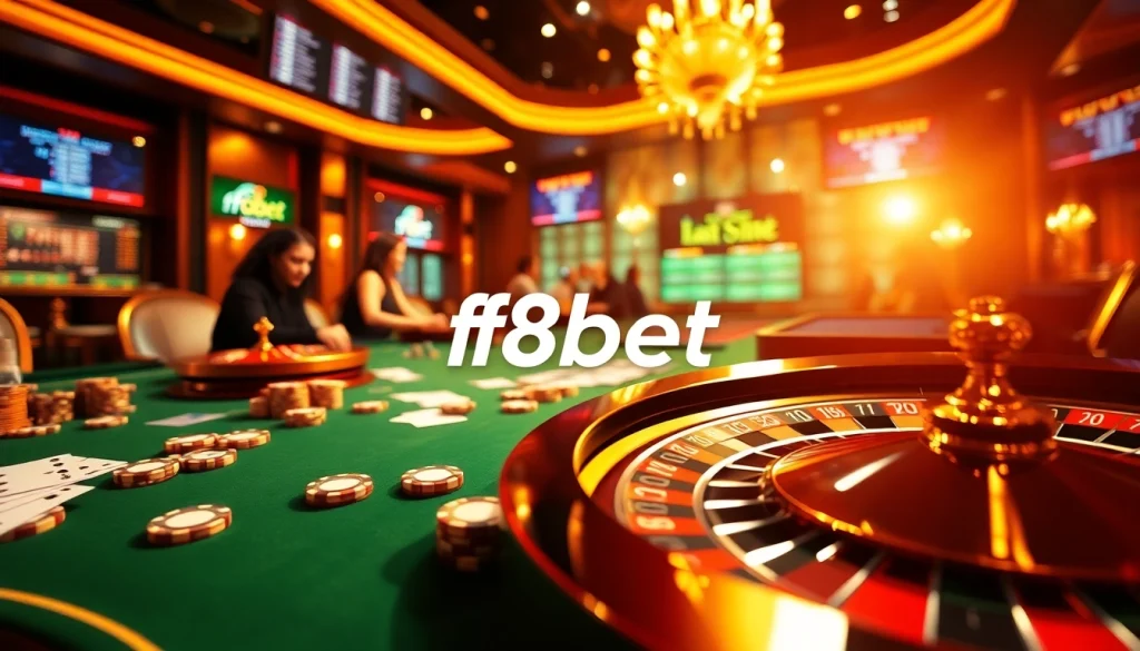 A thrilling casino scene with players engaging in gambling activities at f8bet, highlighting exciting games and vibrant atmosphere.
