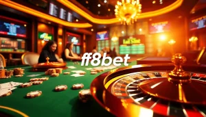 A thrilling casino scene with players engaging in gambling activities at f8bet, highlighting exciting games and vibrant atmosphere.