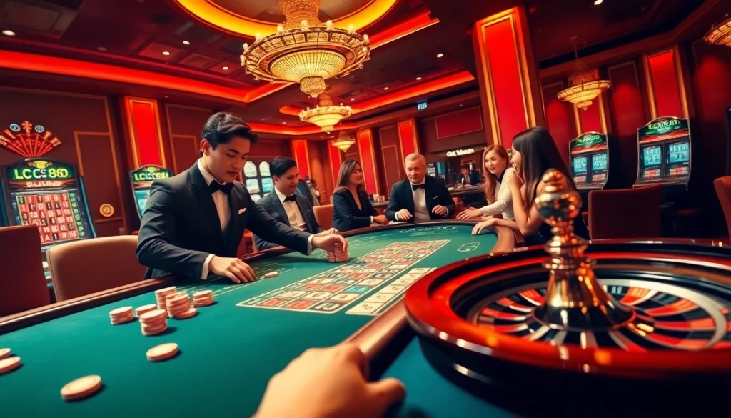 Engaging scene capturing players enjoying games at LC88 Casino with vibrant colors and lively atmosphere.