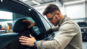 Applying window tint Chattanooga in a professional garage environment.