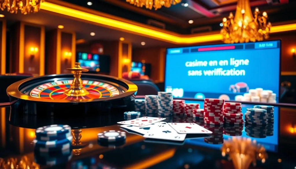 Exciting gameplay scene showcasing casino en ligne sans verification, with roulette wheel and poker chips.