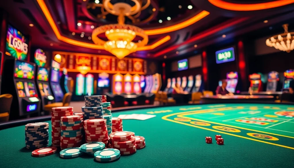 Players enjoying the vibrant Bk33 casino atmosphere with poker chips and roulette wheels.