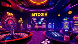 Experience the thrill of Bitcoin casinos, showcasing a lively digital roulette and interactive poker tables.