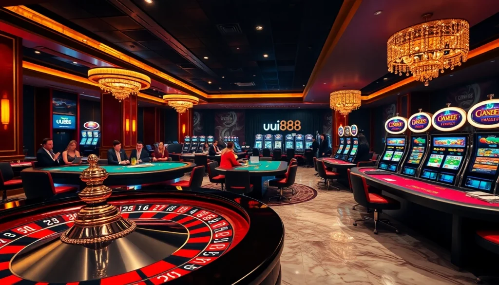 Excitement at uu88 casino featuring vibrant roulette, poker tables, and classy slot machines.