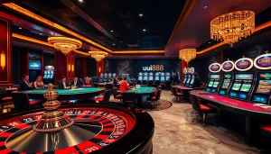 Excitement at uu88 casino featuring vibrant roulette, poker tables, and classy slot machines.
