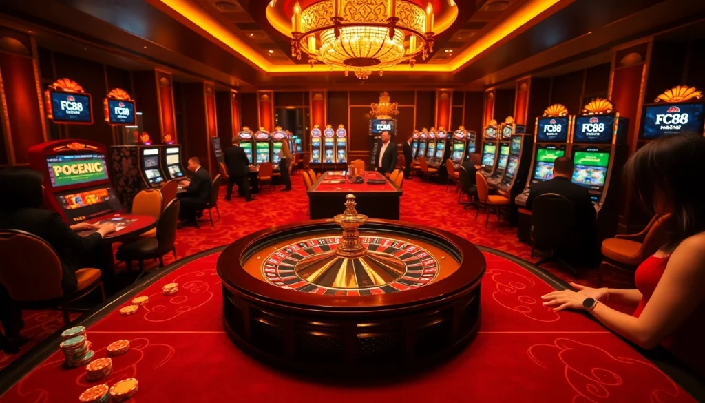 Experience thrilling gameplay at FC88 casino with vibrant slot machines and roulette.