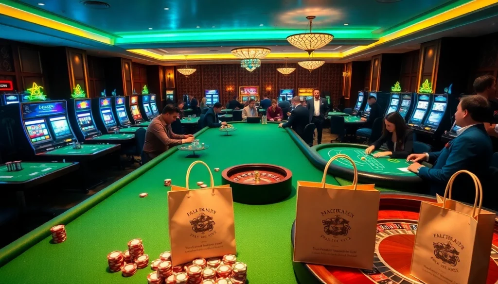 Drukātas somas demonstrē greznā kazino vidē.