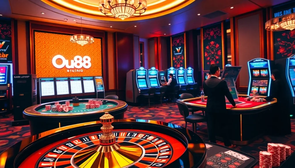 Du88 online gambling excitement with poker chips and a spinning roulette wheel.