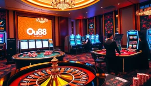 Du88 online gambling excitement with poker chips and a spinning roulette wheel.