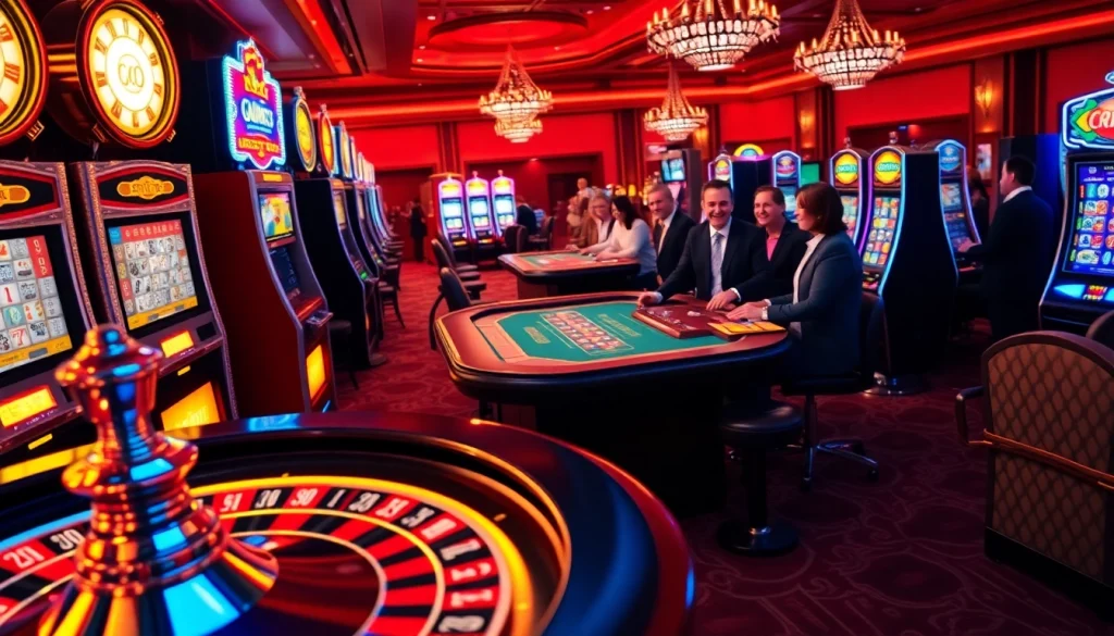 Joueurs profitant d'un casino en ligne avec des jeux de table et des machines à sous excitants.
